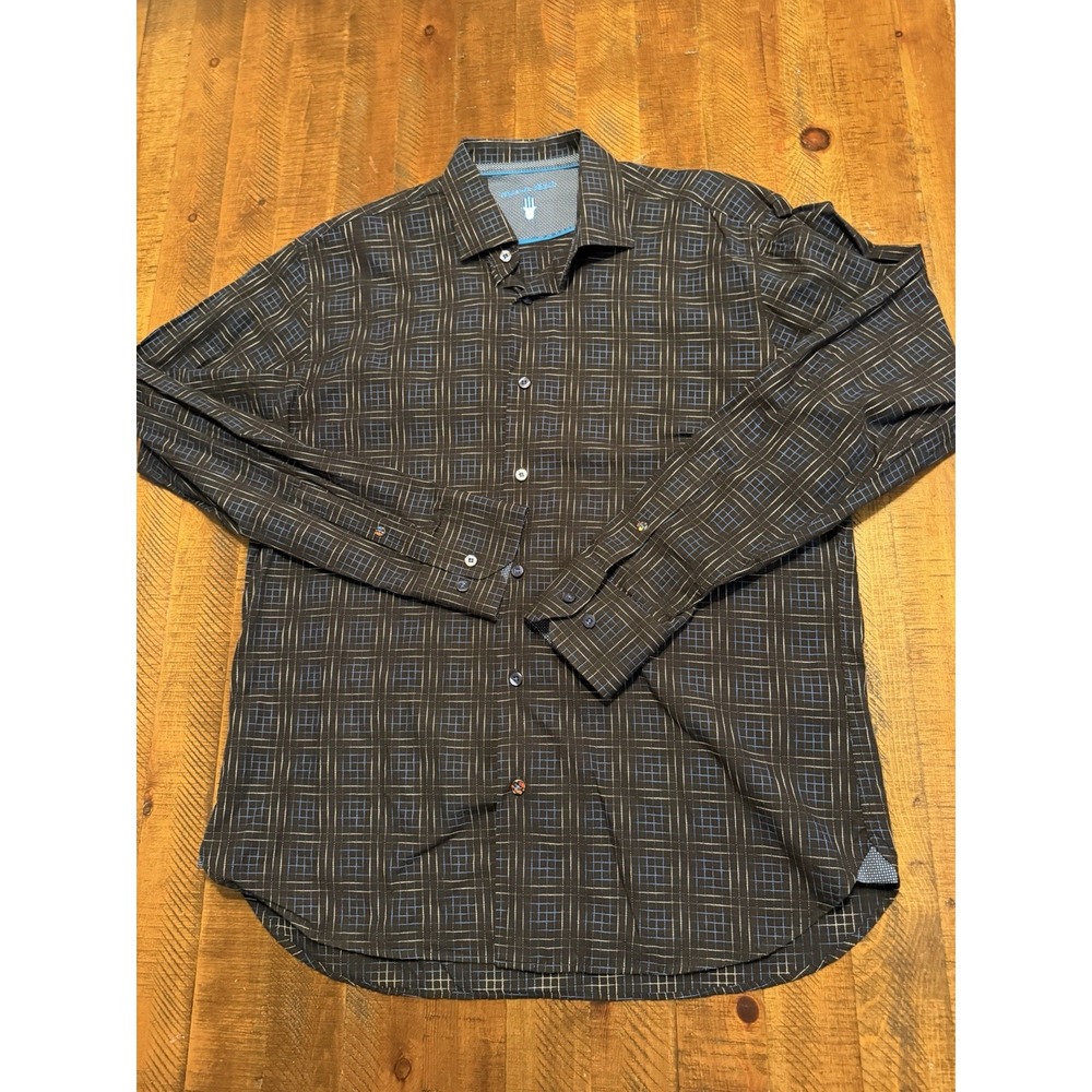 Luciano Visconti Black My Favorite Shirt Black Blue Lines Full Button Mens Large